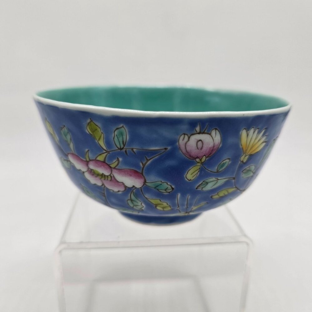 Vintage Chinese Hand Painted Cloisonne Blue Floral Bowl 4.5"